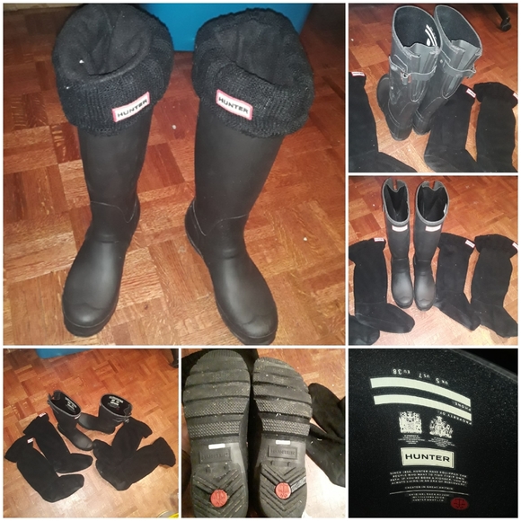 Like New "Hunter" Womens Size 7 Tall Heavy Duty Rubber Boot With 2 Pair Of Socks - Picture 1 of 16